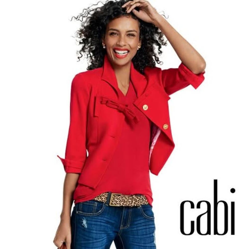 CAbi Beau Bow Gold Button Lined Red Blazer Size 10
